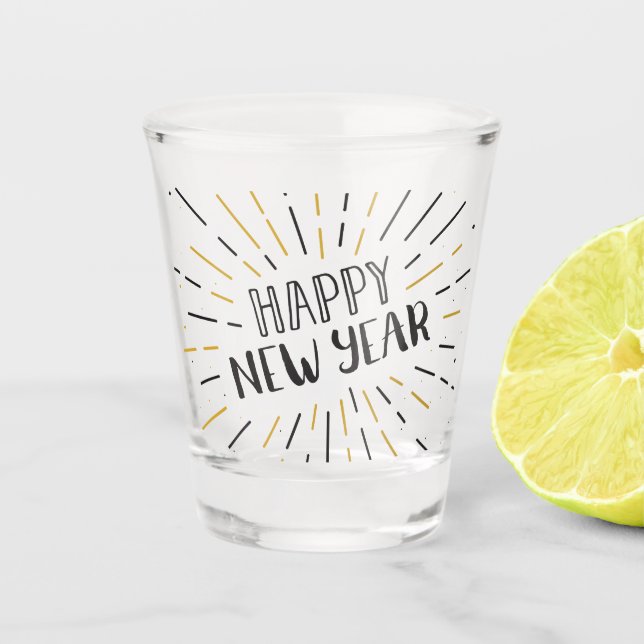 Copo De Shot Arte de Ano Novo Burst Texto do Feliz ano novo Grá (Frente)