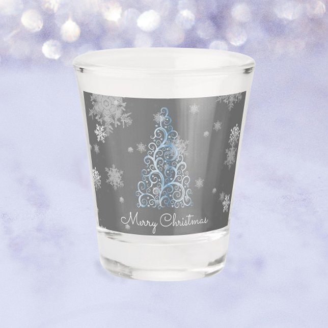 Copo De Shot Árvore de Natal Azul e Flocos de Neve (Blue Christmas Tree and Snowflakes Shot Glass)