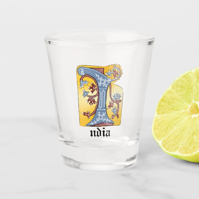 Copo De Shot Azul medieval e maré vermelha iluminada - Letra I (Frente)