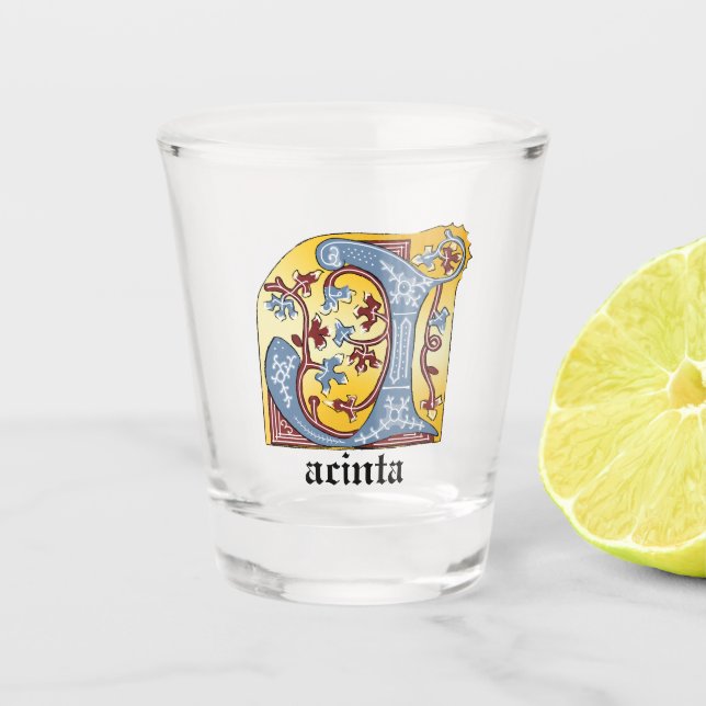 Copo De Shot Azul Medieval e Vermelho - Letra Iluminada J (Frente)