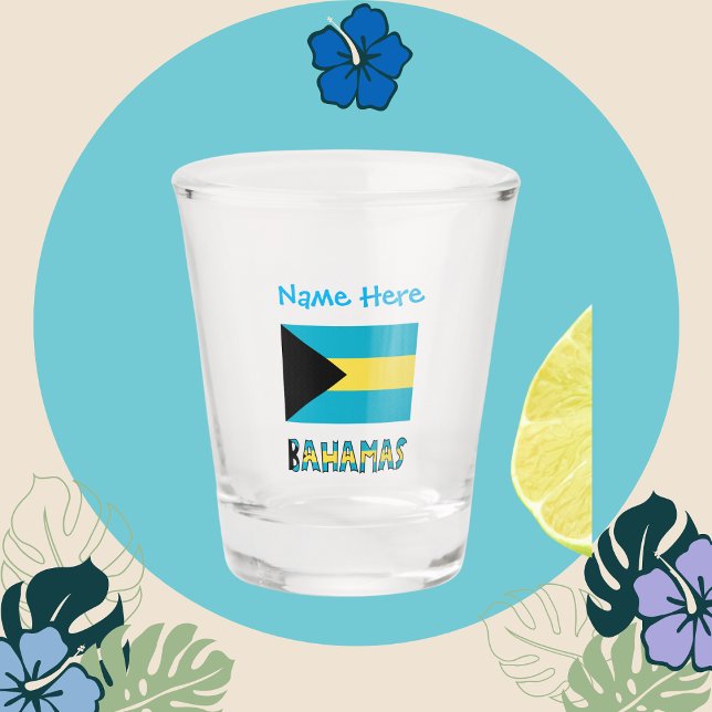 Copo De Shot Baamas e Bahamas - Personalização Azul da Bandeira (Shot glass with Bahaman flag and the word BAHAMAS  below. Add a name above.)
