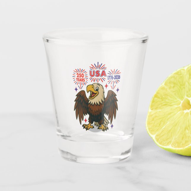 Copo De Shot Bald Eagle com Fireworks - EUA 250 Anos 1776-2026 (Frente)
