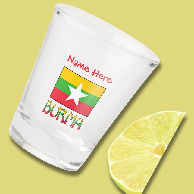 Copo De Shot Bandeira Personalizada da Birmânia Myanmar  (Burmese or Myanmar Flag on shot glass with BURMA below in flag colors. Add name above in red text.)