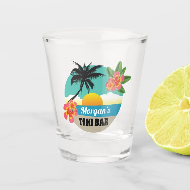 Copo De Shot Bar Tropical Sunset Tiki com Nome (Frente)