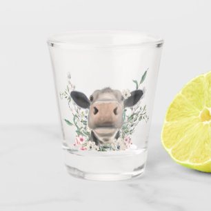 Copo De Shot beijo de nariz de vaca flores aquarela cinza anima