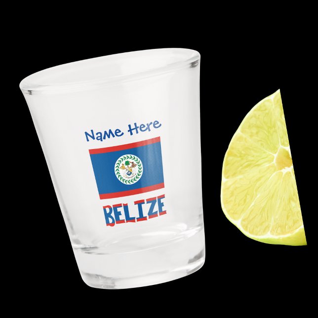 Copo De Shot Belize Personalização Azul do Sinalizador Belizian (Belizean Flag on shot glass has the word BELIZE below in flag colors. Add name above in blue text.)