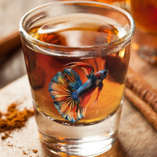 Copo De Shot Beta Siamês lutando com o peixe fresco engraçado