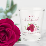 Copo De Shot Boho Rosa Quente - Rosas Elegante Casamento de Bri<br><div class="desc">Estes óculos são uma maneira divertida e pensativa de obrigado das madrinhas do casamento. Eles apresentam um belo design gráfico com letras elegantes de escrita e um aglomerado de rosas de aquarelas pintadas manualmente em tons de rosa-quente, magenta e pincel, juntamente com folhas de eucalipto e verde-jardim. Na legenda lê-se:...</div>