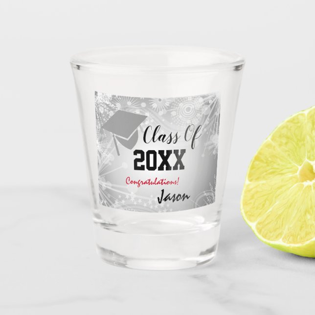 Copo De Shot Boné de formatura, Classe Ano 20XX Prateado (Frente)