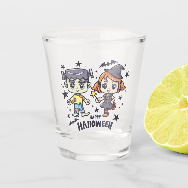 Copo De Shot Bonita Bruxa e Zombie Boy Mischievous (Frente)