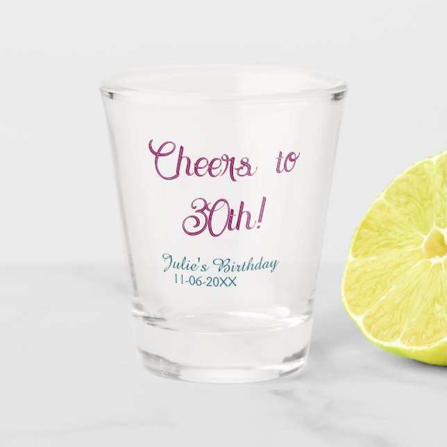 Copo De Shot Brinde para nome data de 30º aniversário azul mauv (Frente)