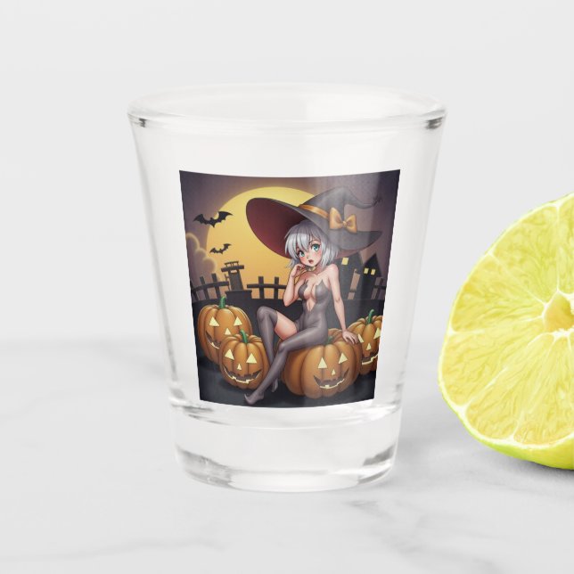 Copo De Shot Bruxa do Halloween Olho Verde no Jack-O-Lantern (Frente)
