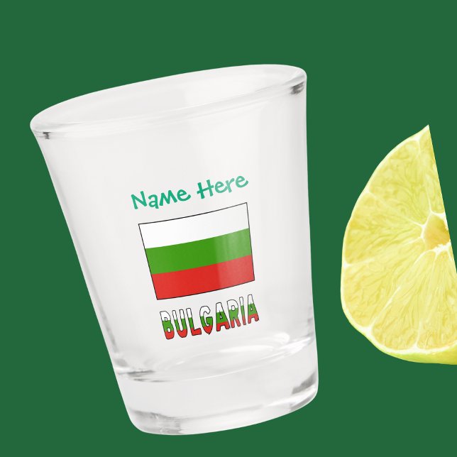 Copo De Shot Bulgária Bandeira Búlgara Personalizada (Bulgarian Flag on shot glass with word BULGARIA below in flag colors..Green text for name above.)