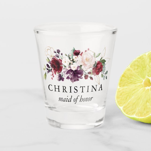 Copo De Shot Buquê Floral Dourado e de Vinho para Dama de Honra (Frente)