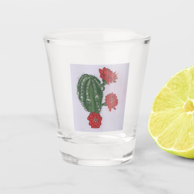 Copo De Shot Cactus Com Flores Vermelhas 2 (Frente)