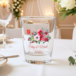 Copo De Shot Casamento chinês moderno floral aquarela rosa verm