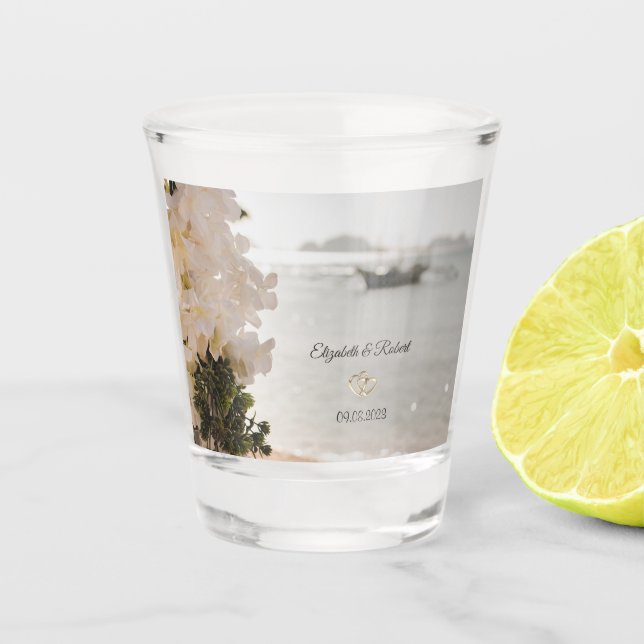 Copo De Shot Casamento de Praia das Flores de Barcos à vela (Frente)