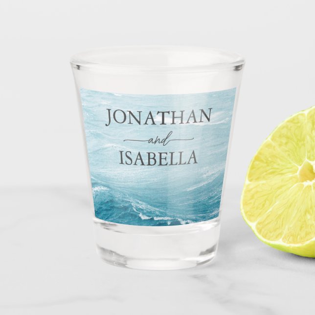 Copo De Shot Casamento de verão pelo mar azul ondulado, ombre o (Frente)