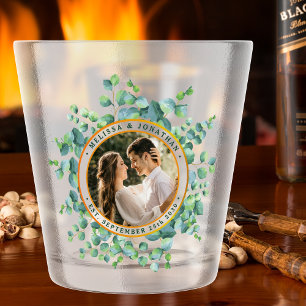 Copo De Shot Casamento Dourado de Foto Watercolor Eucalyptus Gr