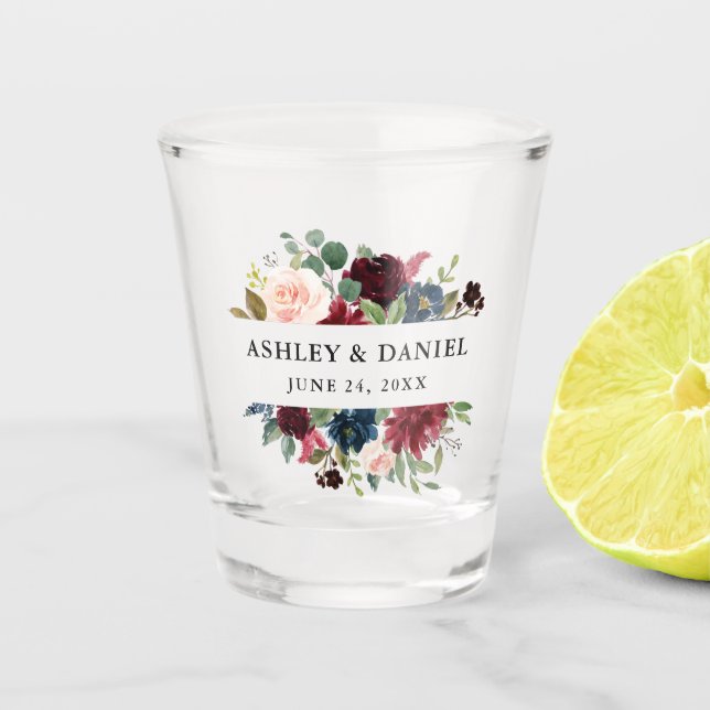 Copo De Shot Casamento floral azul de Borgonha da aguarela (Frente)