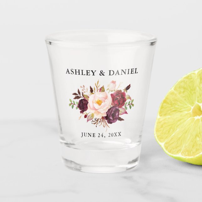 Copo De Shot Casamento Floral de Watercolor Burgundy (Frente)