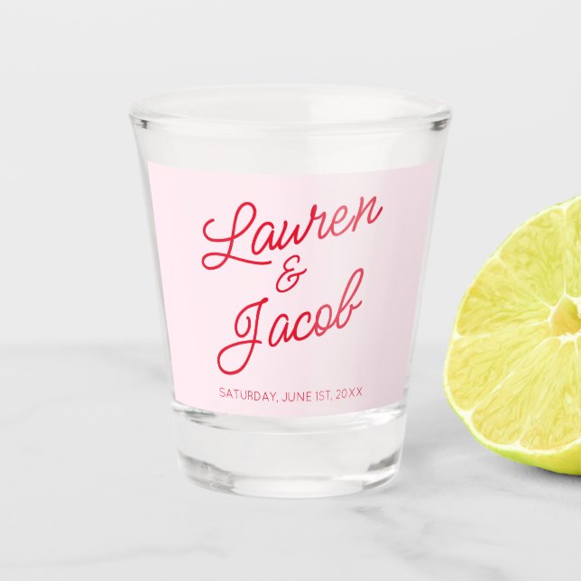 Copo De Shot Casamento Vermelho e Rosa Mínimo Moderno (Frente)