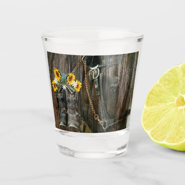 Copo De Shot Cavalo Cowboy Boots Girassóis Flores Rústicas Cons (Frente)