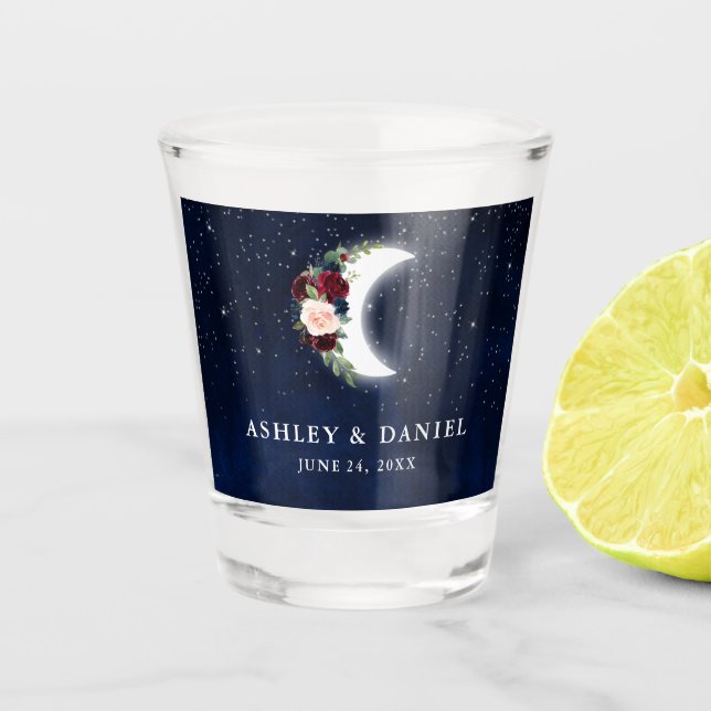 Copo De Shot Celestial Burgundy Floral Moon Stars Casamento (Frente)