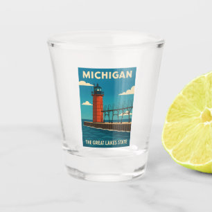 Copo De Shot Cenário do Farol de Michigan Retro Viagens vintage