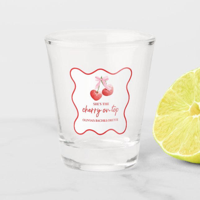 Copo De Shot Cereja no Topo Laço Rosa Despedida de Solteira (Frente)