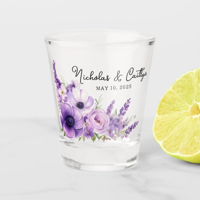 Copo De Shot Chá de Noiva Lilás Floral em Aquarela Casamento (Frente)