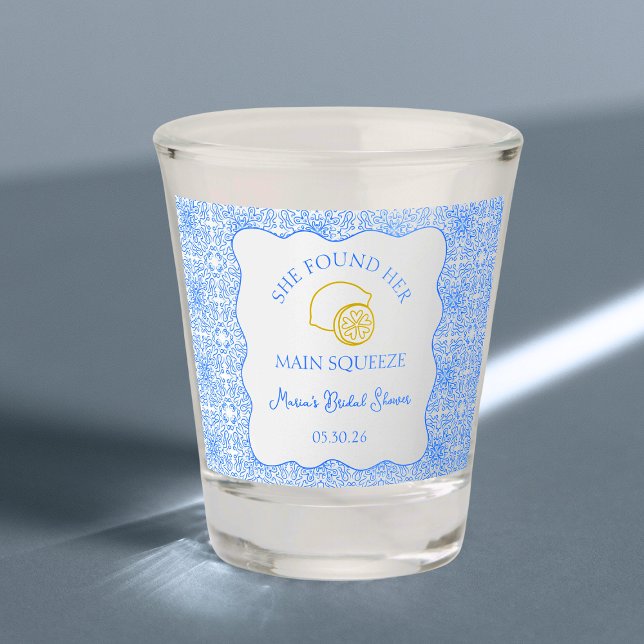 Copo De Shot Chá de panela de compressão principal Azulejo azul (Lemon-themed shot glass favors with 'She Found Her Main Squeeze' design, perfect for bridal showers!)