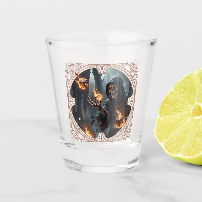 Copo De Shot Chamas Góticas, a guardiã dos dados queimados. (Frente)