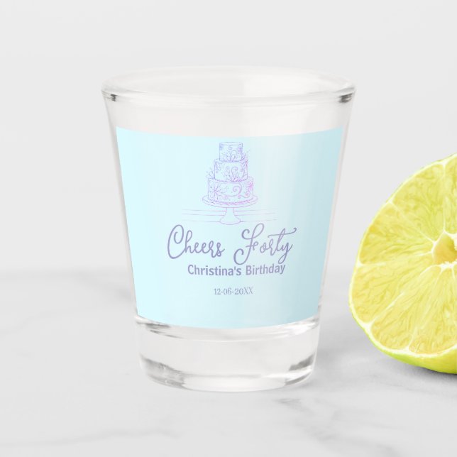 Copo De Shot Cheers forty happy birthday cake blue purple name  (Frente)