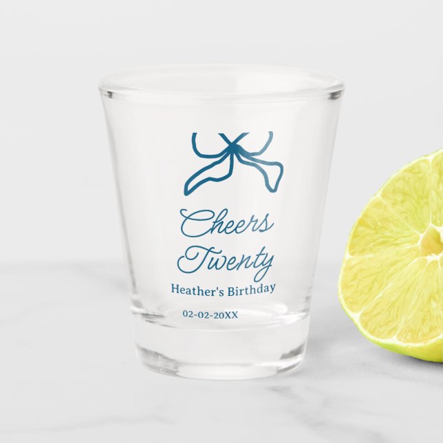 Copo De Shot Cheers twenty blue birthday bow name date boho ret (Frente)