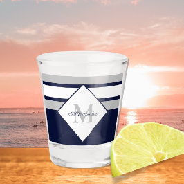 Copo De Shot Cinza Azul Marinho Moderno Náutico Grelha Monogram