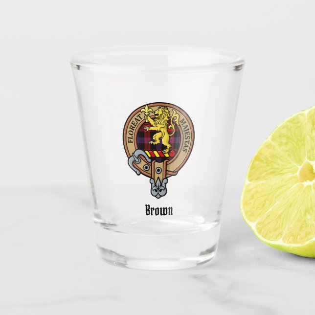 Copo De Shot Clan Brown Crest sobre Tartan (Frente)
