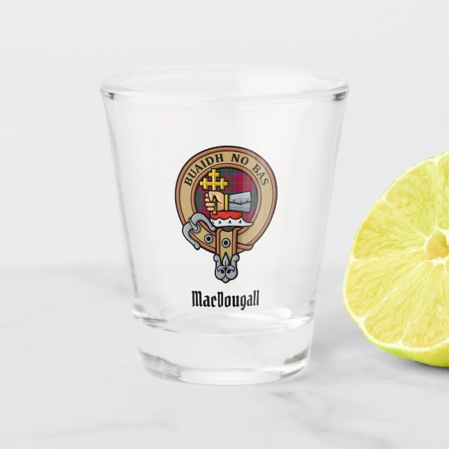 Copo De Shot Clan MacDougall Crest sobre Tartan (Frente)