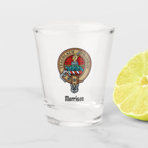 Copo De Shot Clan Morrison Crest sobre Red Tartan Shot Glass