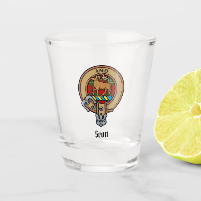 Copo De Shot Clan Scott Crest sobre Red Tartan Shot Glass (Frente)