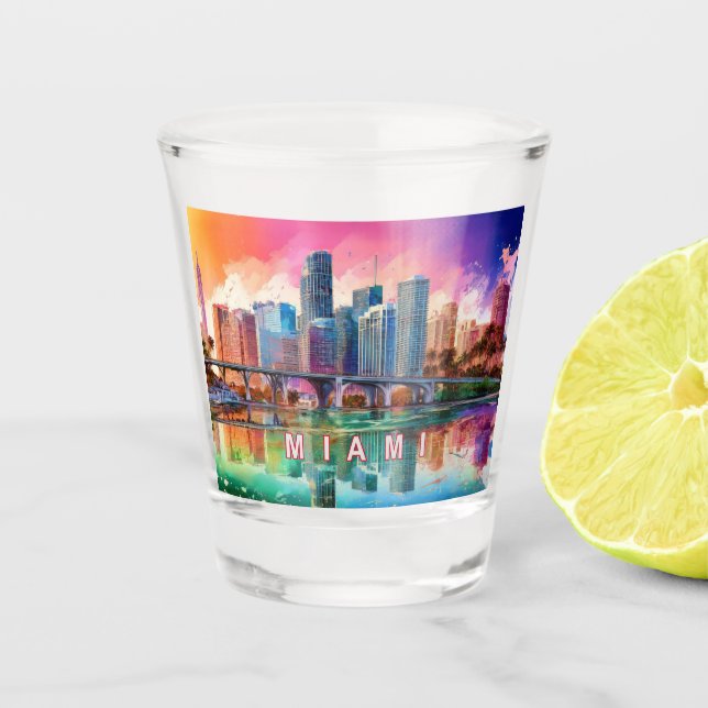 Copo De Shot Colorida Miami Skyline Abstrato Art (Frente)