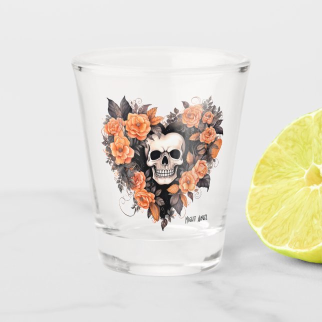 Copo De Shot Coração de Anjo Noturno Floral Laranja e Preto (Frente)