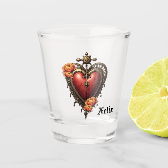 Copo De Shot Coração Steampunk com Flores. (Frente)