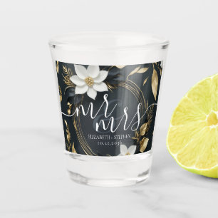 Copo De Shot Coroa Floral de Noiva Preto Branco e Dourado Elega