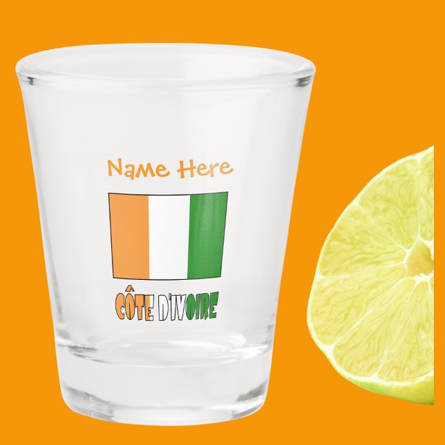 Copo De Shot Côte d'Ivoire Costa do Marfim Bandeira Laranja Per (Shot glass with Ivory Coast flag and the words CÔTE D'IVOIRE below in flag colors. Add name above.)