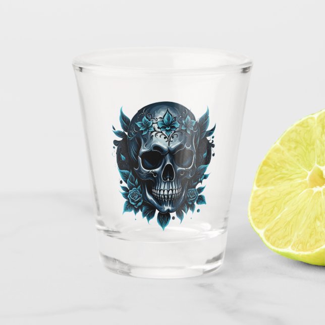 Copo De Shot Crânio azul escuro com rosas. (Frente)