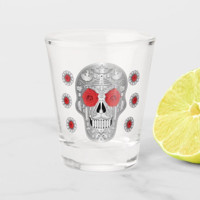 Copo De Shot Cromo Calavera (Rosa vermelha) (Frente)