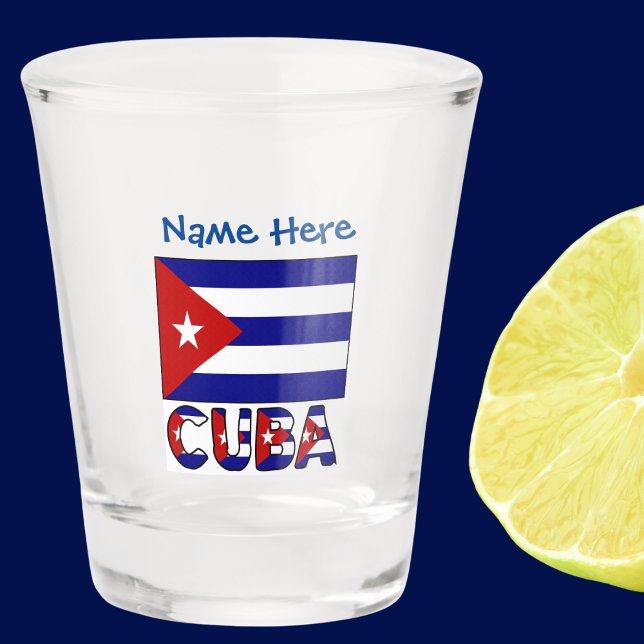 Copo De Shot Cuba e Azul Escuro Bandeira Personalização Azul (Shot glass with Cuban flag and the word CUBA below in the flag colors. Add a name above.)