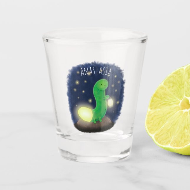 Copo De Shot Cute green glow worm cartoon illustration (Frente)