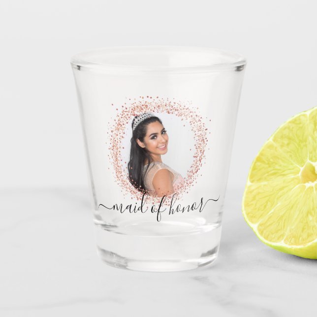 Copo De Shot Dama de honra rosa dourado foto brilho nome script (Frente)